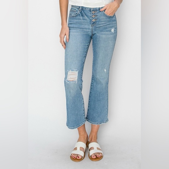 Risen Jeans Denim - Risen High-Rise Distressed Crop Flare Jeans - Light Blue